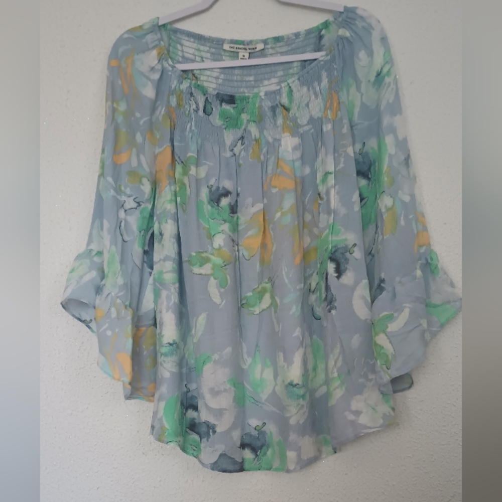 Zack & Rachel Floral Bell Sleeve Boho Peasant Top Size XL Blue Green